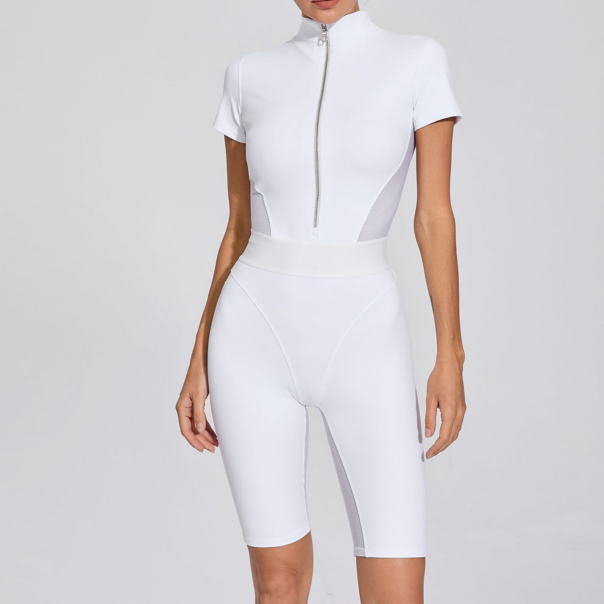 Tight Waist Open Collar Zipper Short Sleeve Yoga Jumpsuit Women Patchwork Fitness Tight Sports Jumpsuit