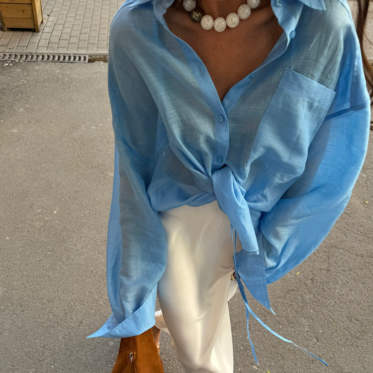 Women Clothing Early Autumn Polo Collar Long Sleeve Tencel Shirt Office All Match Loose Shirt