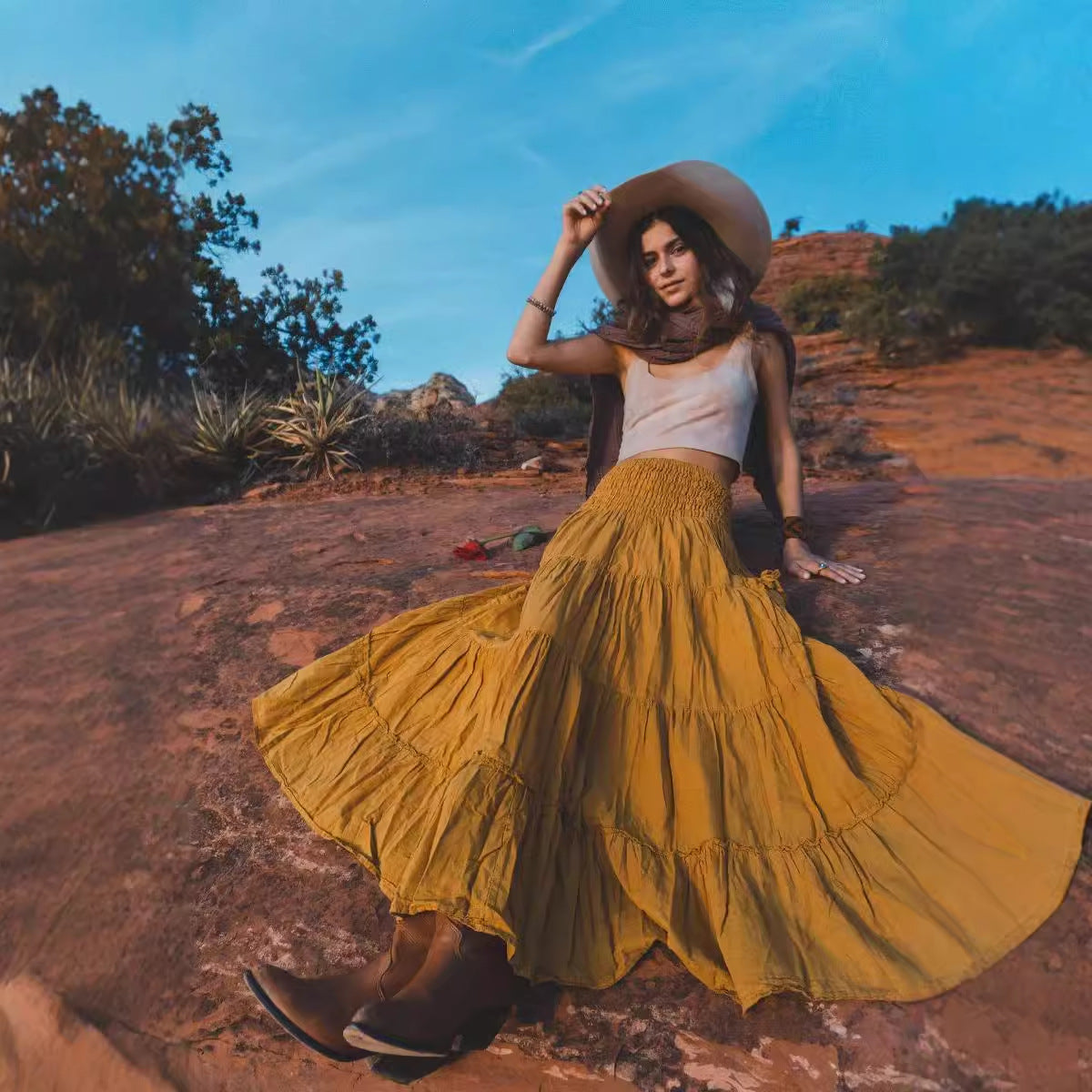 Jupe décontractée femme style bohème, ample, couleur unie, longue avec poche, deux styles de jupe portefeuille