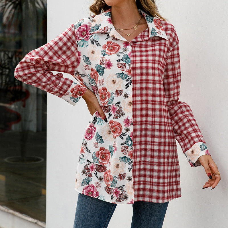 Printed Plaid Stitching Shirt Casual Loose Single Breasted Estampado Floral Shirt Top Women