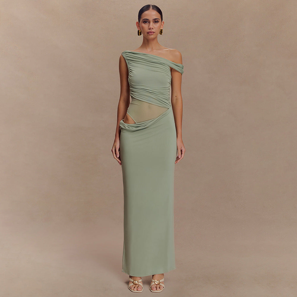 Summer Pleated Women Dress Sexy Sexy One Shoulder Waist Baring Slim Fit Dress