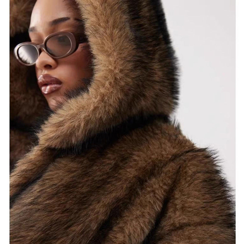 Women Fur Coat Winter Warm Faux Fur Coat Young Wolf Fur Color Hooded Warm Trench Coat