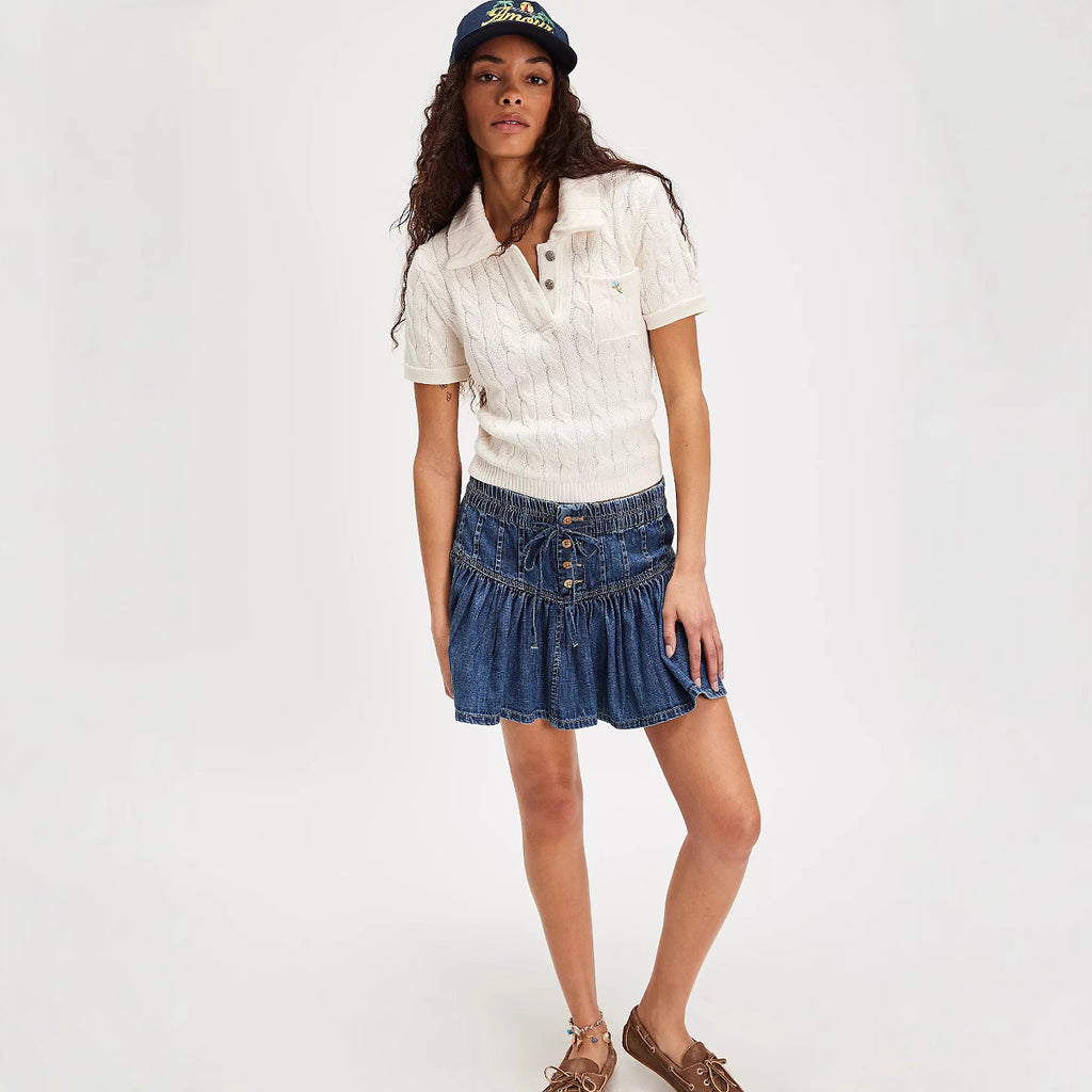 Spring High Waist A line Casual All Match Retro Denim Pleated Skirt