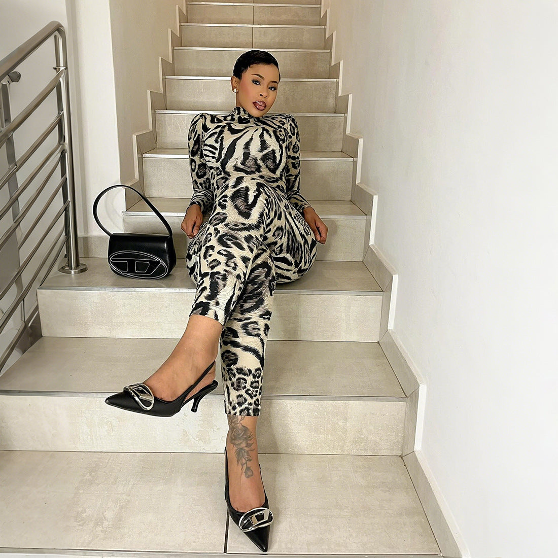 Fall Women Clothing Leopard Print Half Turtleneck Sexy Tight Sexy One Piece Pants