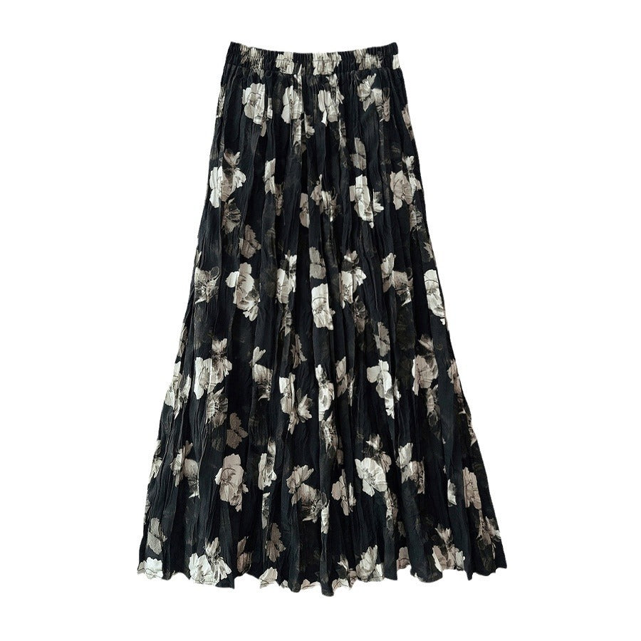 Camellia Retro Pleated Skirt Summer Printed Cover Slimming Large Hem Casual Dress