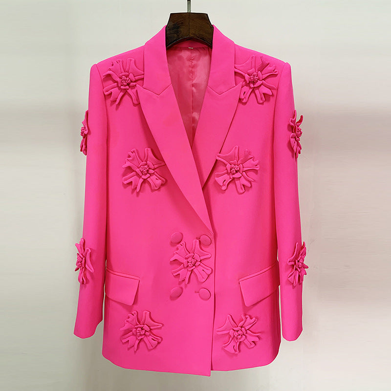 Blazer croisé à motif floral tridimensionnel en forme de rose 3D, style industriel lourd