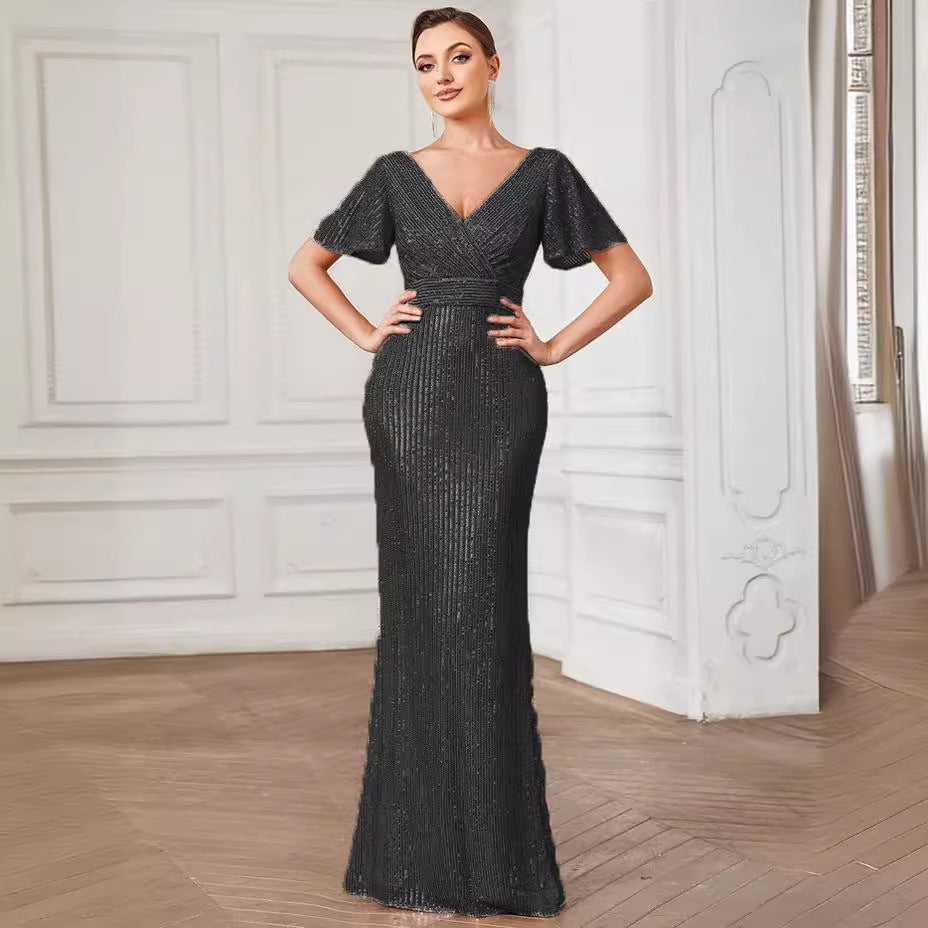Sexy V Neck Sequ Floor Length Evening Dress Elegant Split Cocktail Party Party Dress