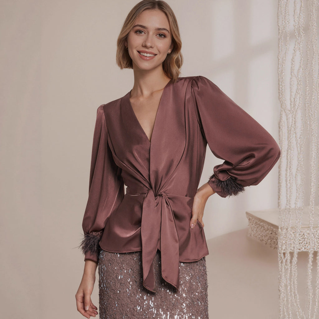 Women Clothing Young Satin French Design Tied Slim Fit Top Drawstring Waist Tight Satin Shirt