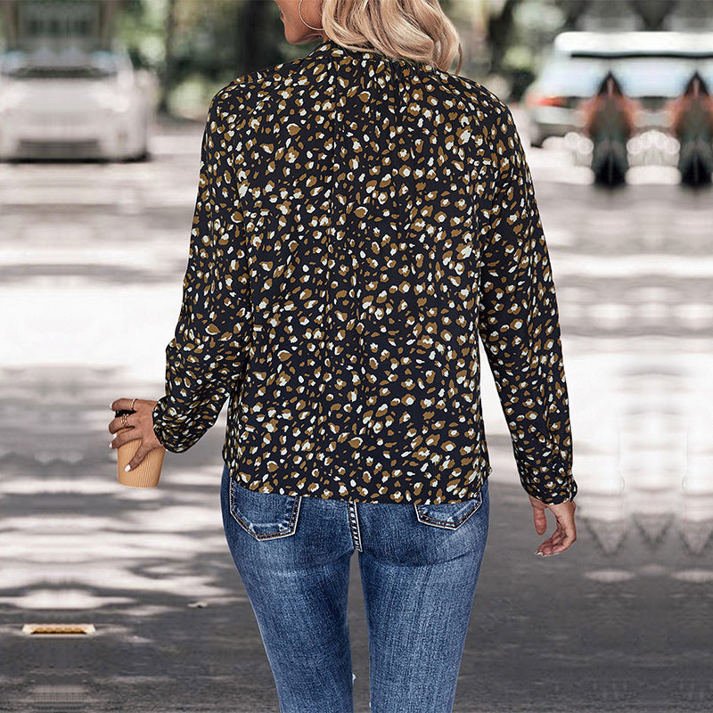 Fall Women Clothing Long Sleeve Printed Bow Shirt