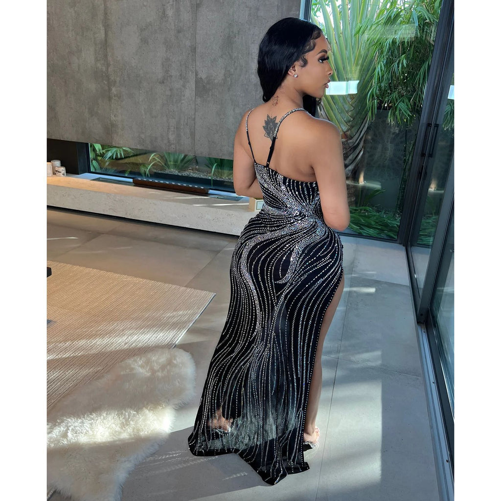 Summer Women Clothing Sexy Mesh Rhinestone Night Club Slip Dress Women