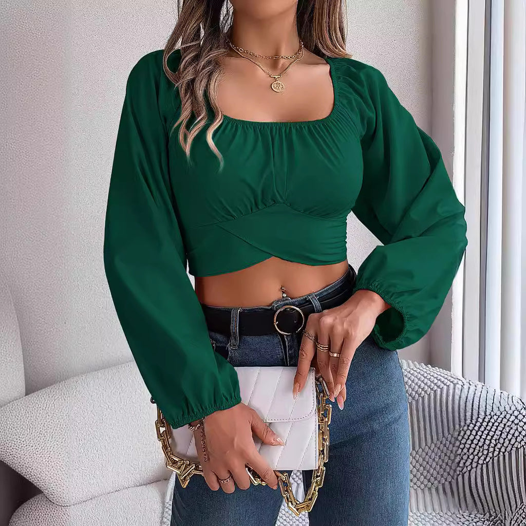 Spring Summer Casual Lantern Sleeve Lace up Waist Chiffon Shirt Cropped Top Women Clothing
