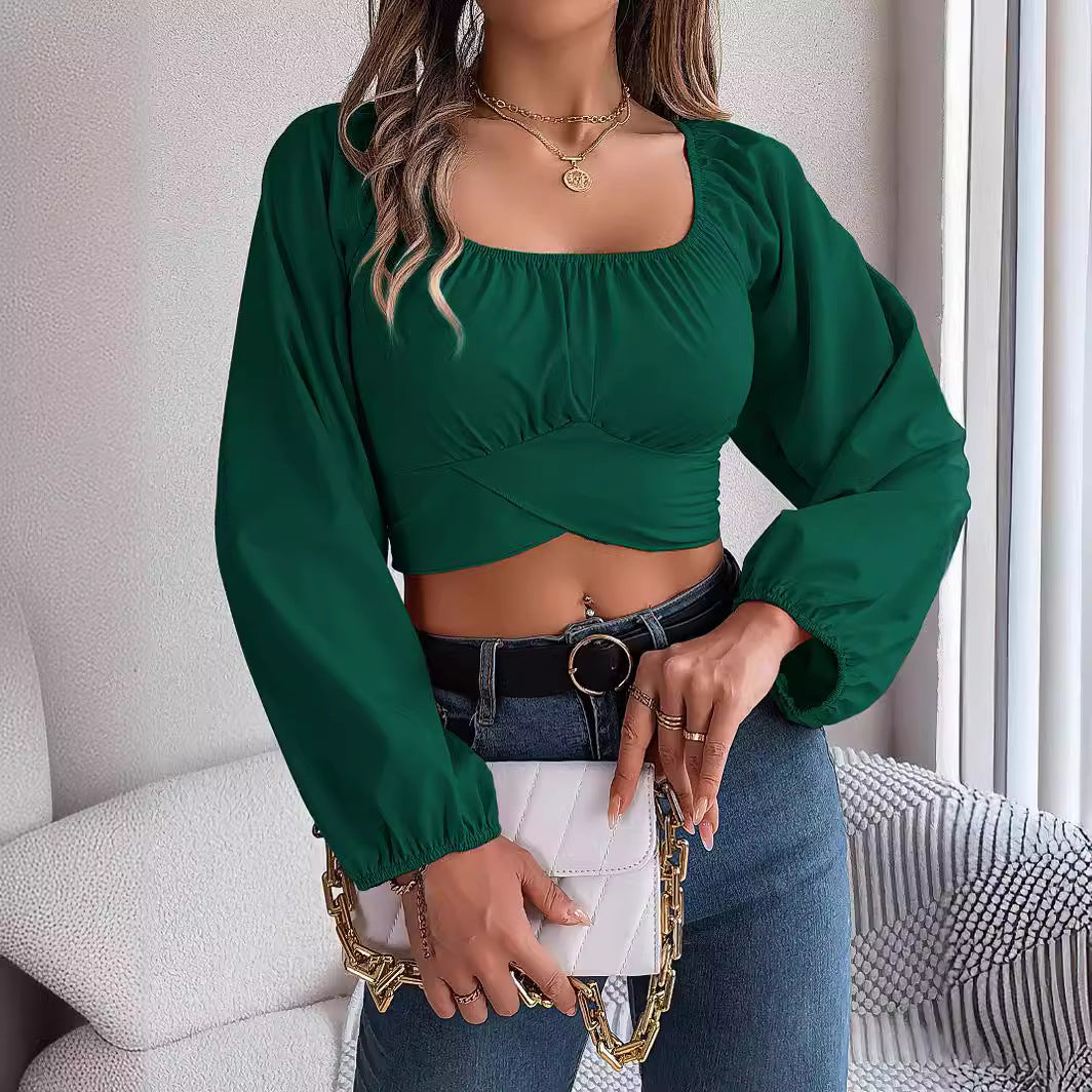 Spring Summer Casual Lantern Sleeve Lace up Waist Chiffon Shirt Cropped Top Women Clothing