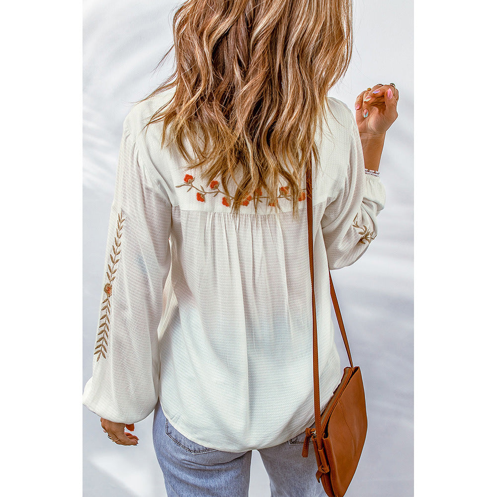 Floral Embroidered V neck Pullover Shirt Women Tassel Lace up Long Sleeve Chiffon