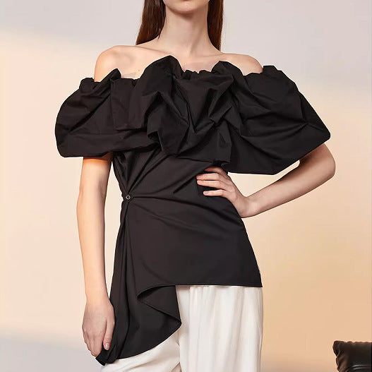 Spring Summer off the Shoulder off Shoulder Collar Doll Shirt Puffy Shirt Shirt Women