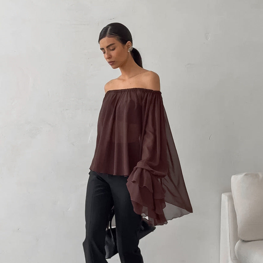 Fall Winter Retro Elegant Boat Neck Brown Chiffon Loose Sexy off the Shoulder Top Ruffled Shirt