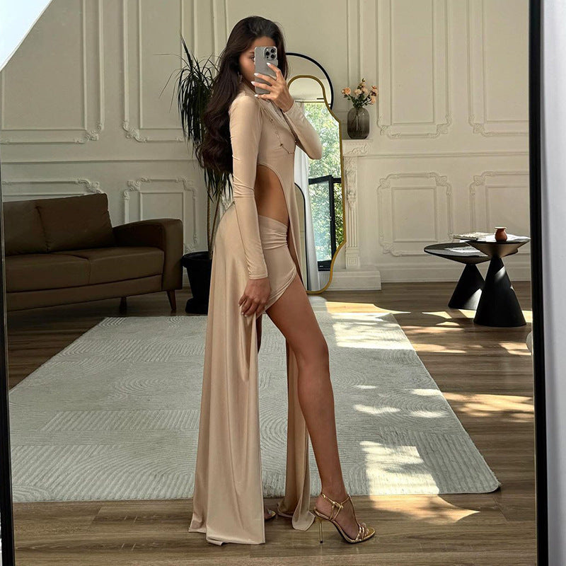 Women Clothing Fall round Neck Irregular Asymmetric with Personality Long Sleeve T shirt Solid Color Slim Skirt Set