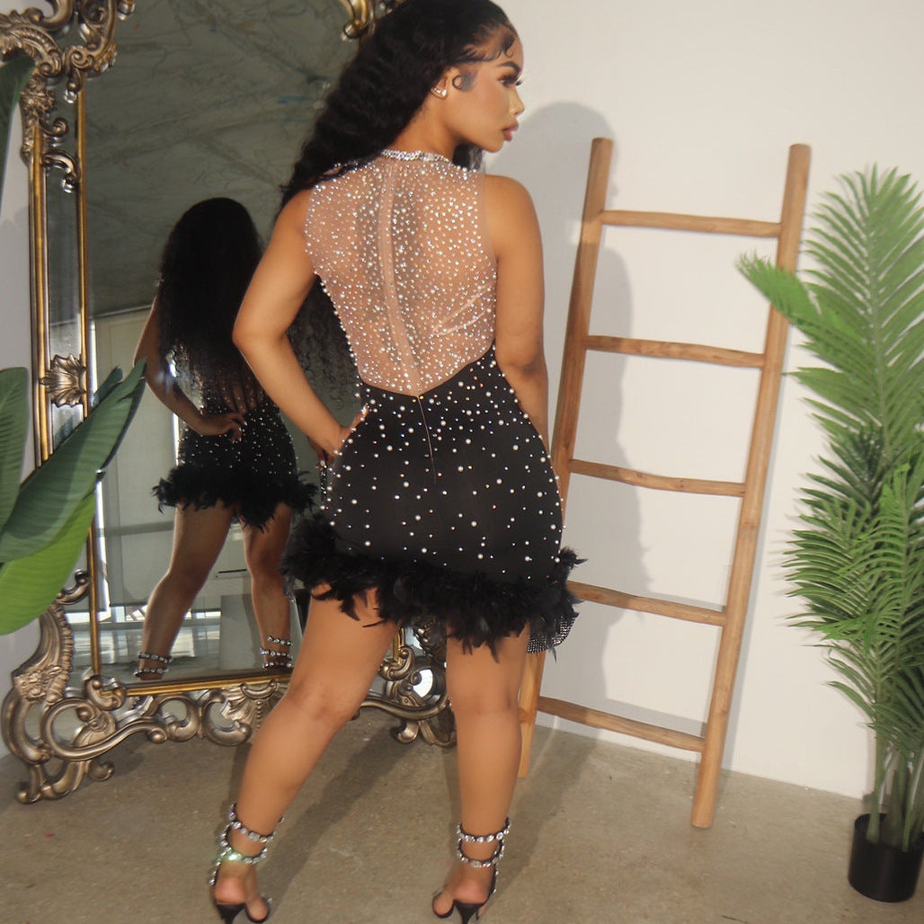 Summer Women Clothing Sexy Mesh Stitching Rhinestone Beaded Dress for Women