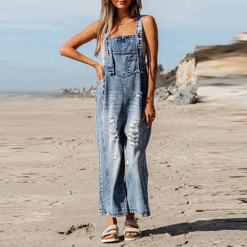 Fall Solid Color Denim Suspender Pants Women Design Ripped Cropped Jumpsuit Women