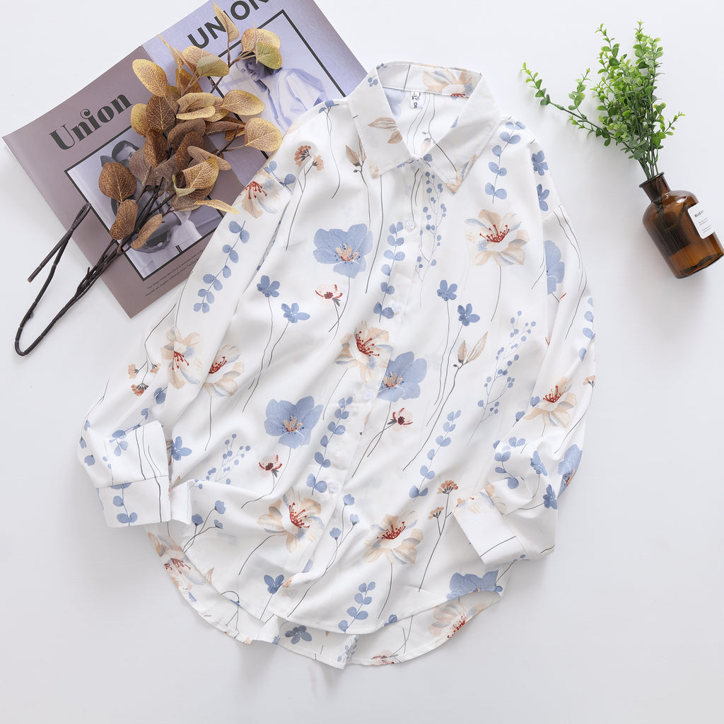 Women Floral Print Loose Collared Long Sleeves Shirt Top