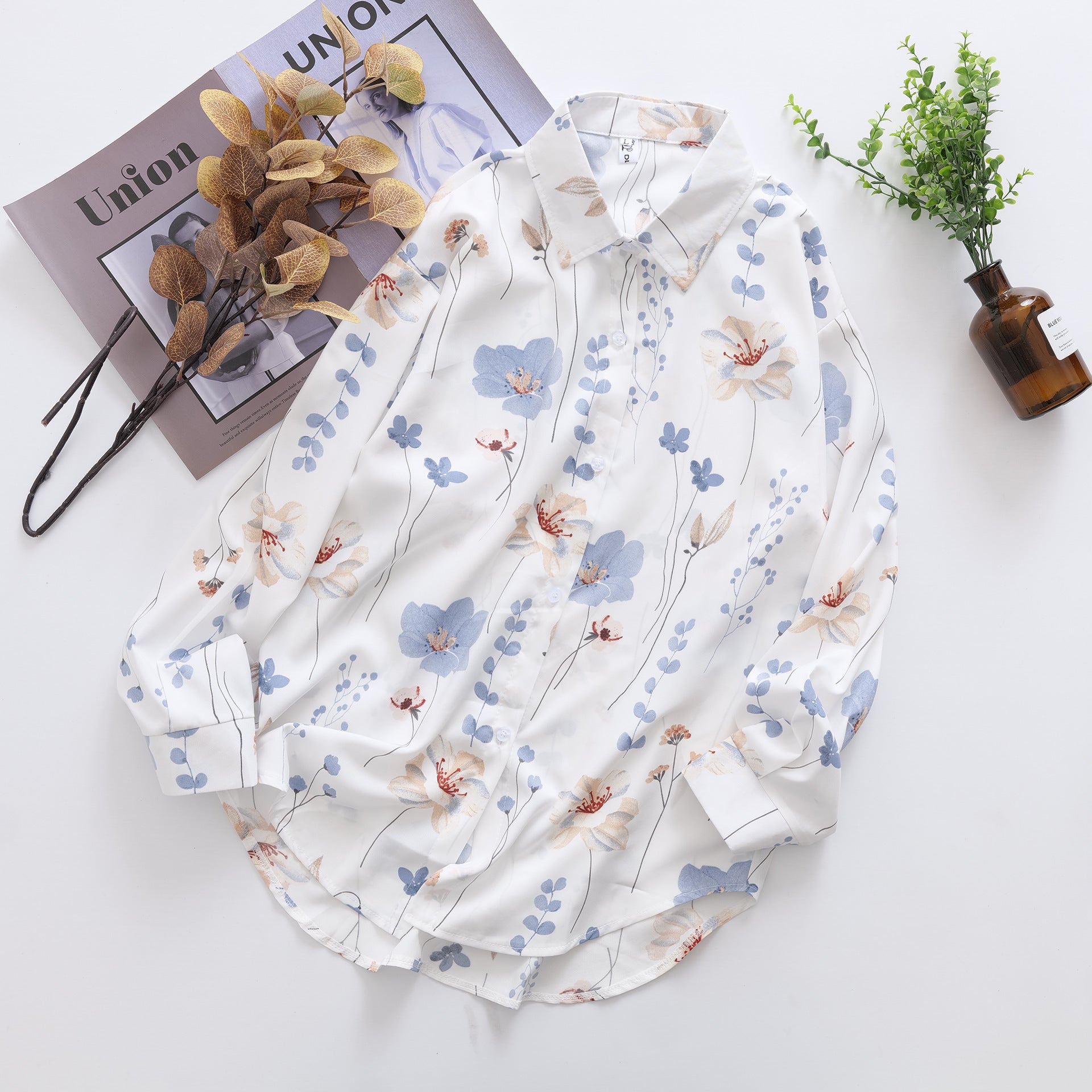 Women Floral Print Loose Collared Long Sleeves Shirt Top