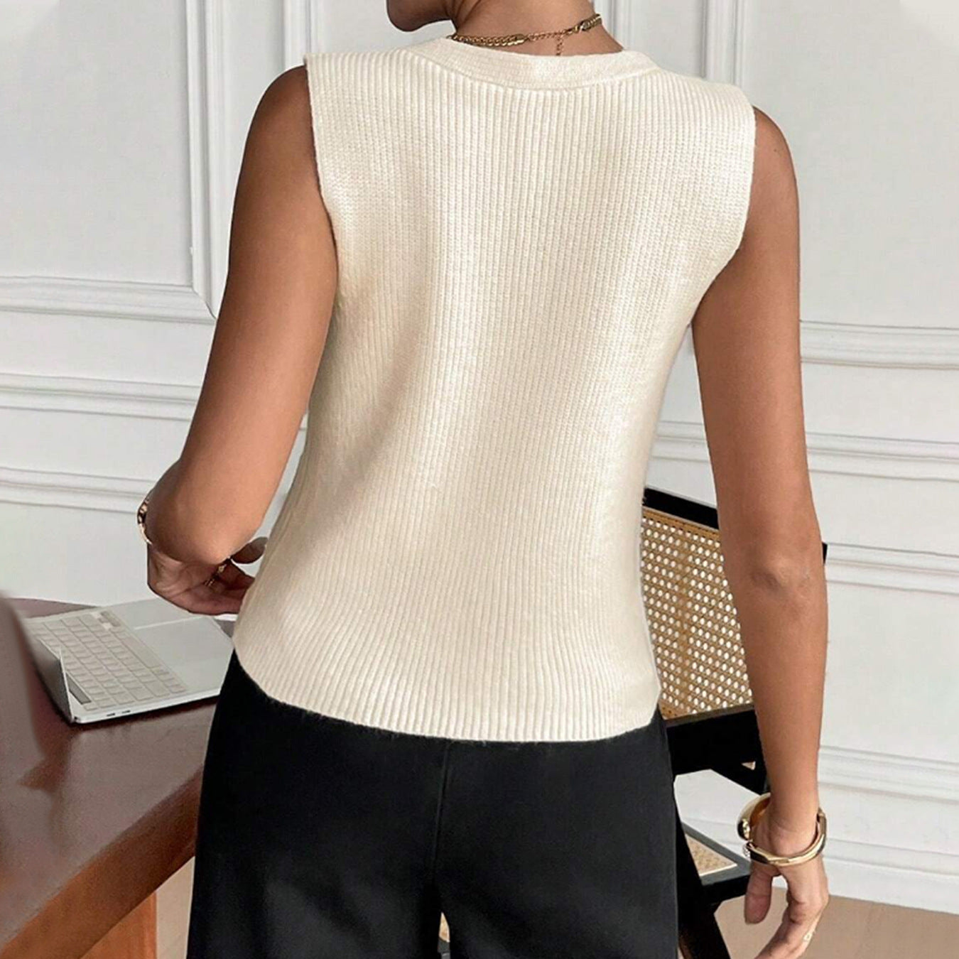 Solid Color Single Breasted Sweater Vest Summer V neck Pocket Knitted Vest