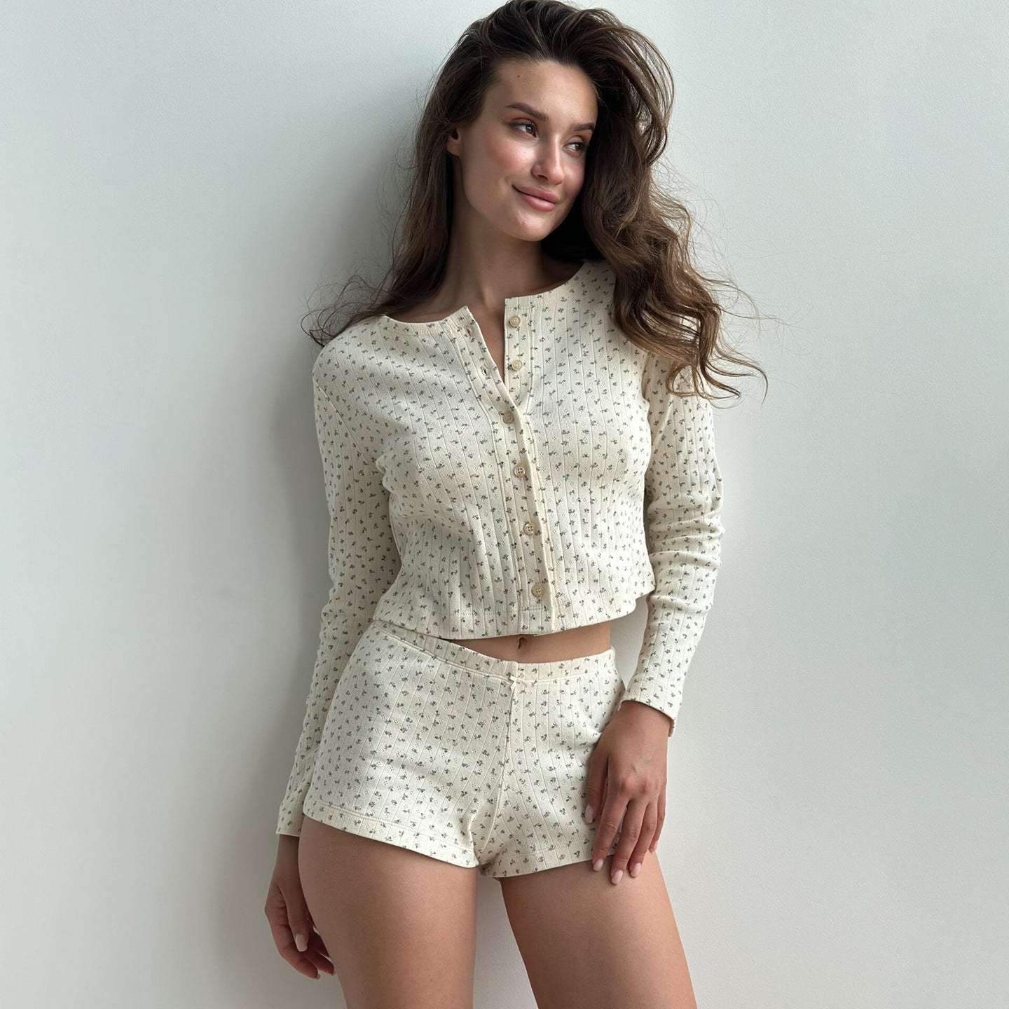 Simple Home Floral Breasted Long Sleeve Top Shorts Casual Laid Back Two Piece Sets