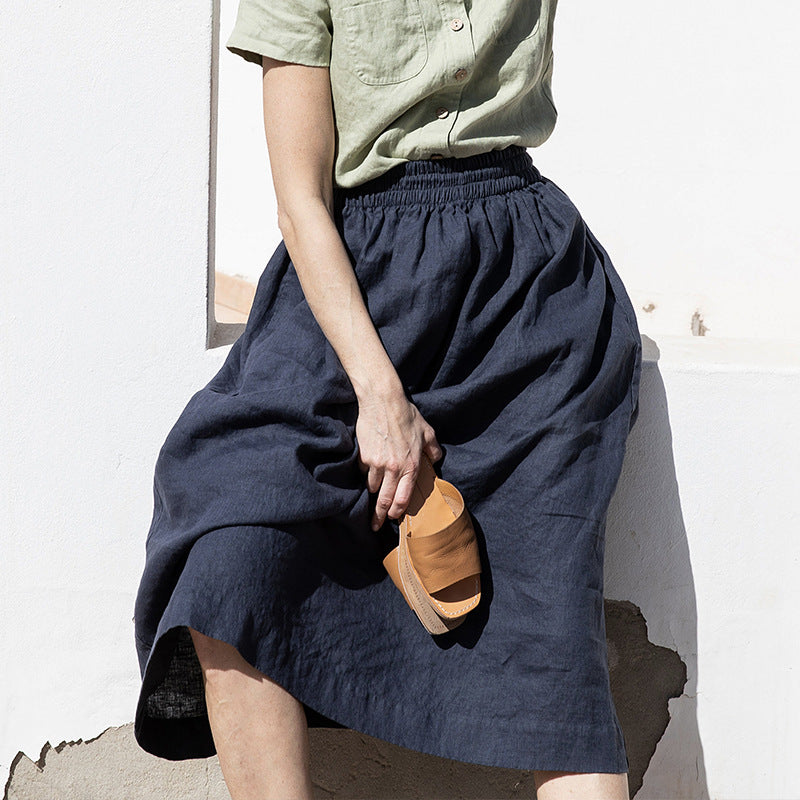 Falda de algodón y ramio para mujer, cintura elástica, adelgazante, talla grande, de algodón y lino, con dobladillo grande, línea A