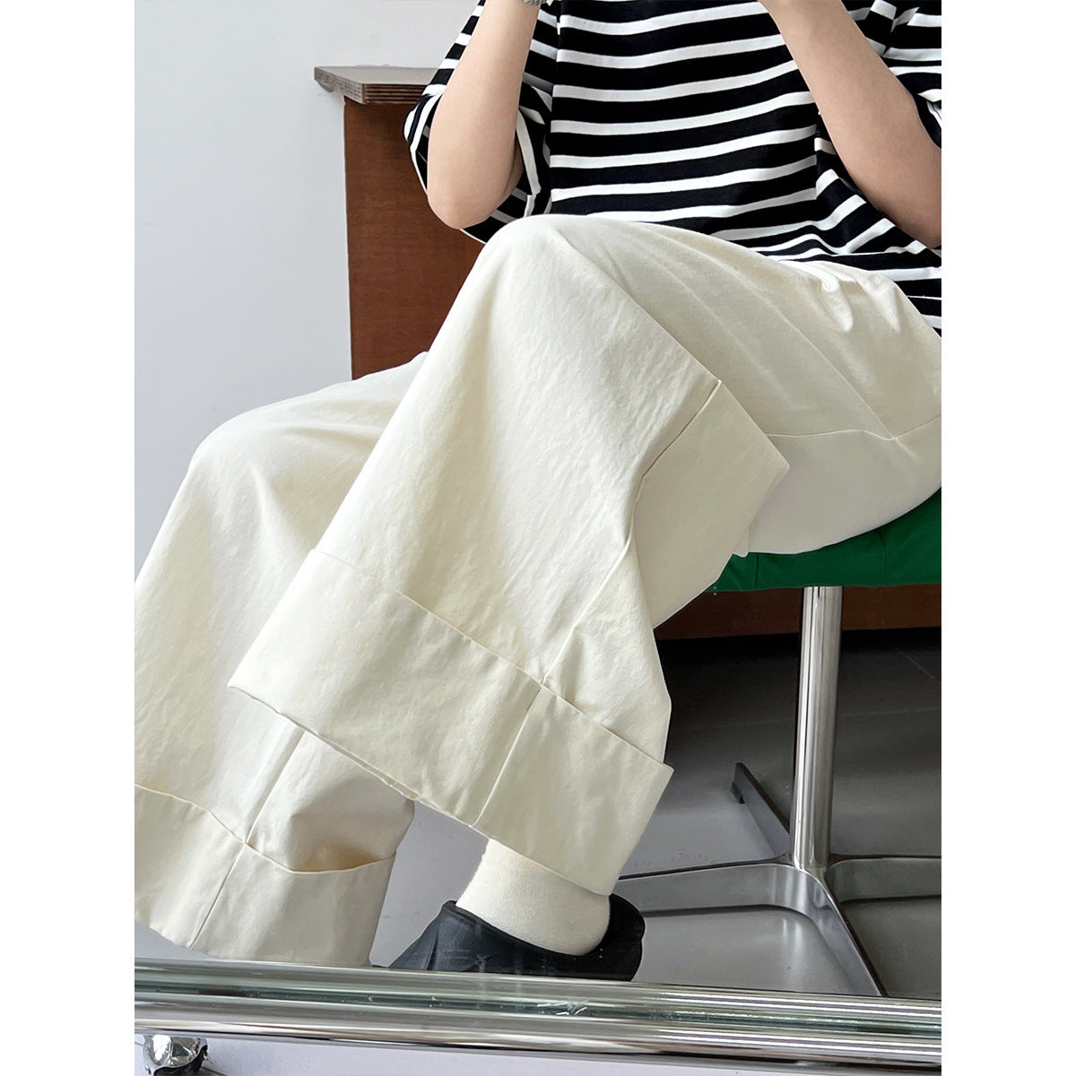 Washed Cotton Work Pant Trousers Women Summer Slimming Slim Fit Casual Curling Wide Leg Pants
