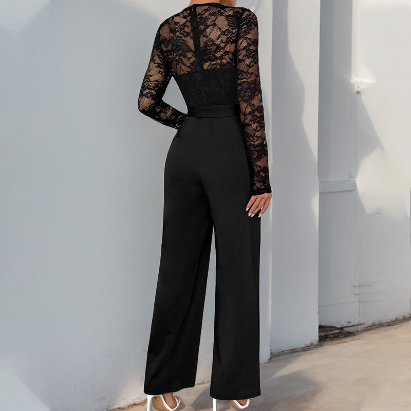 Autumn Jumpsuit Lace Stitching Zipper Lace Up Solid Color Jumpsuit