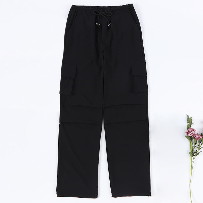 Retro Straight Wide Leg Pants Women Autumn Solid Color Multi Pocket Loose Baggy Trousers Casual Working Pants