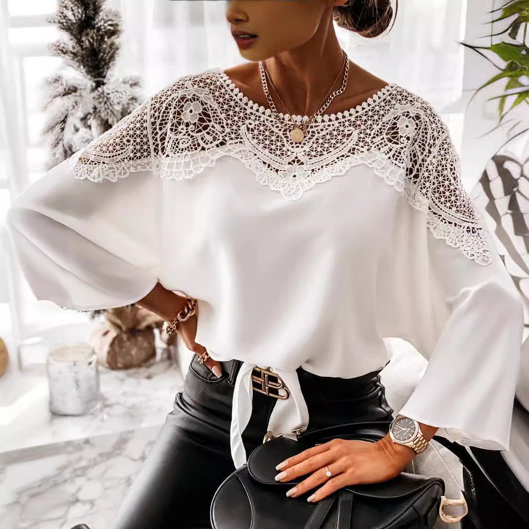 Spring Autumn Long Sleeve Lace Shirt Solid Color Office Top round Neck