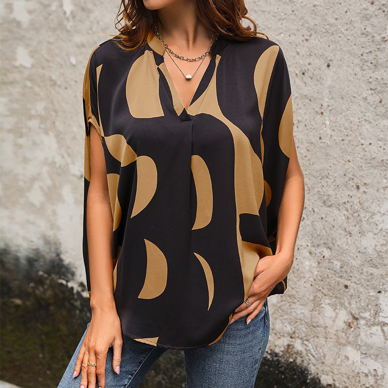 Summer Women Clothing Short Sleeve Pullover V neck Printed Shirt