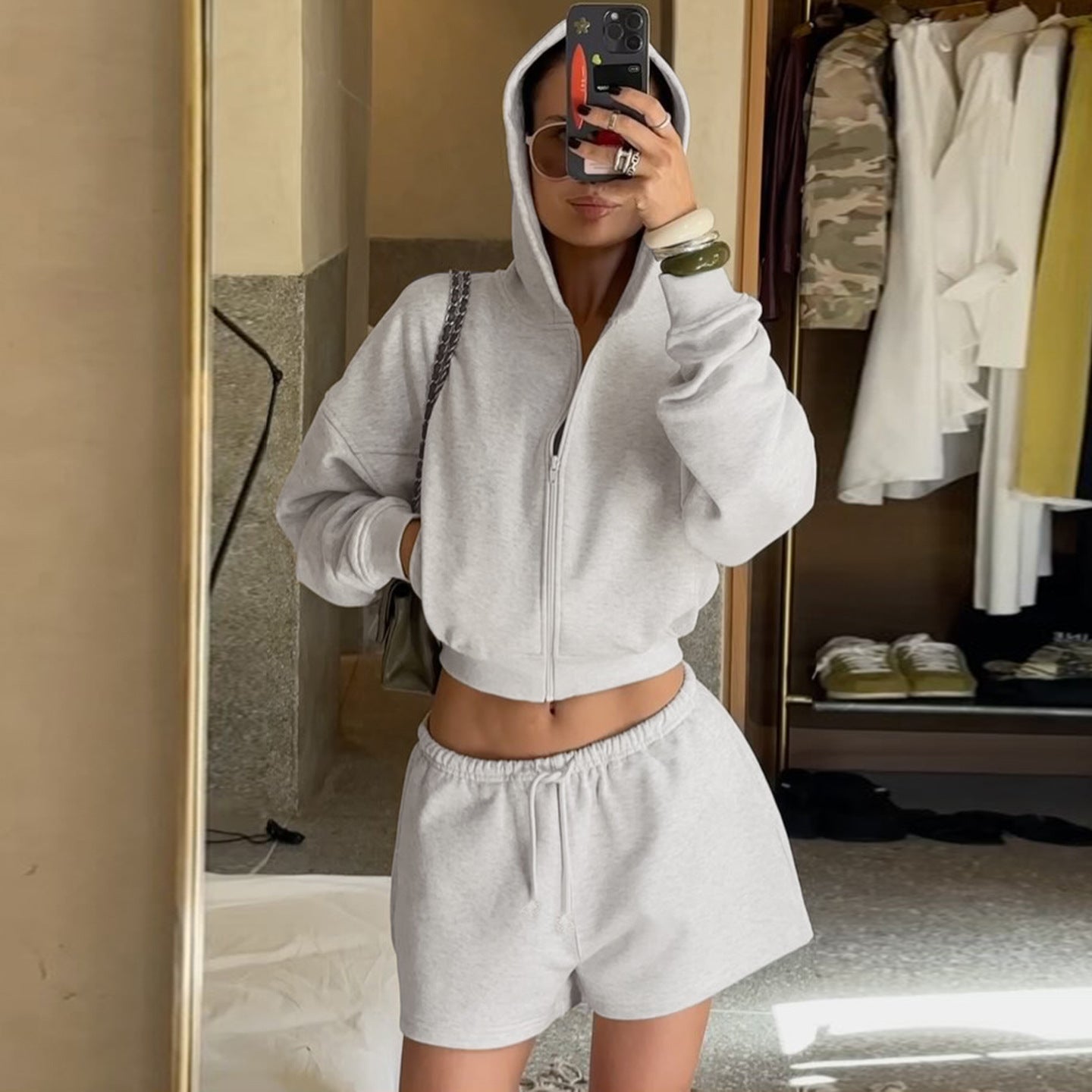 Sports Sweater Two Piece Sets Personality Sexy Short Type Hooded Jacket Lace up Loose Shorts