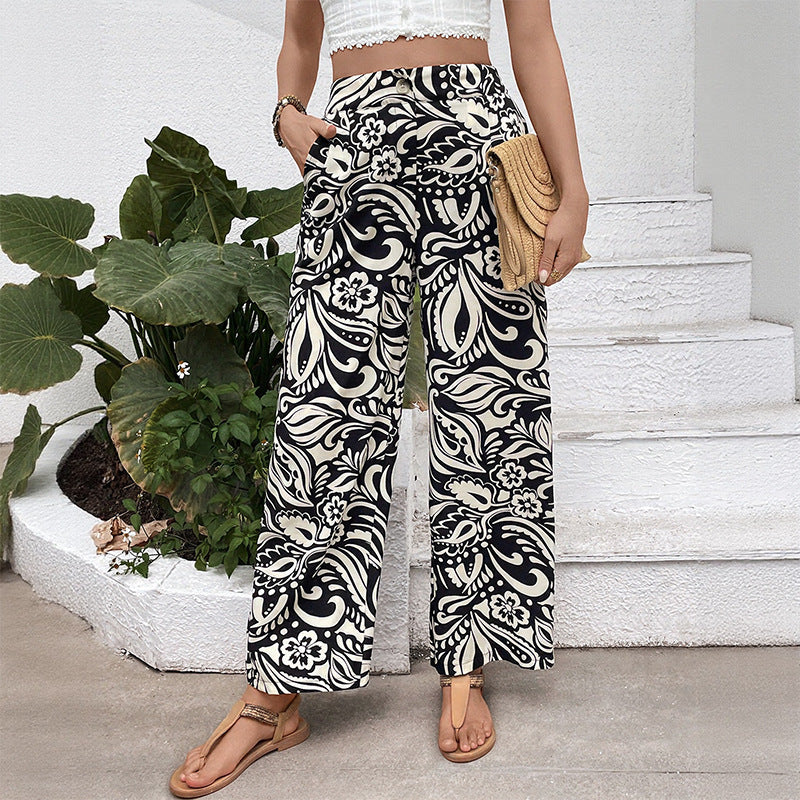 Art Printing Trousers Summer Women Pants High Waist Straight Pants