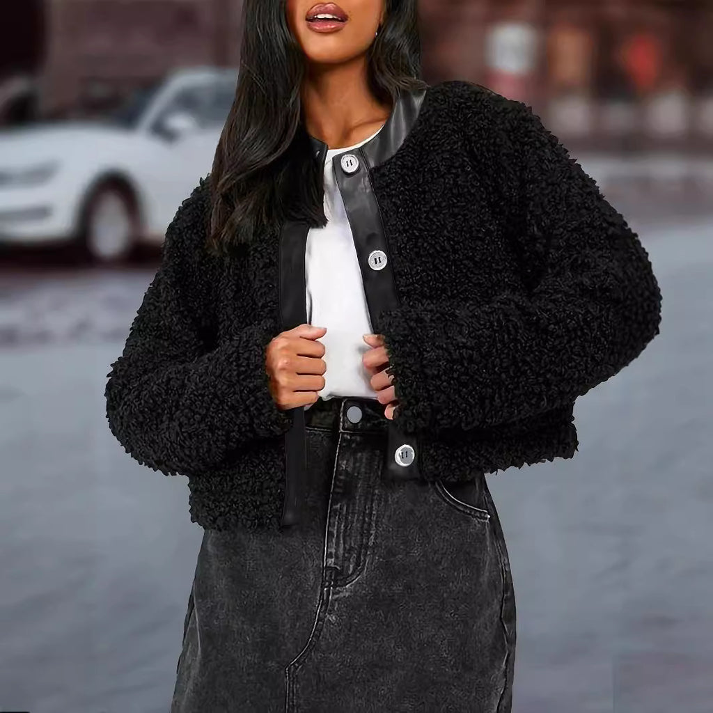 Casual Office All Matching Faux Fur Stitching Leather Jacket Women Autumn Winter round Neck Short Long Sleeved Coat Women Clothing