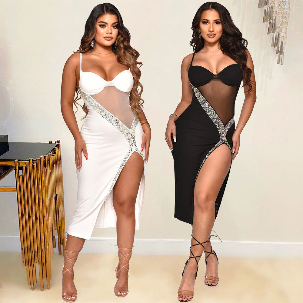 Summer Women Clothing Sexy Strap Rhinestone Split Dress for Women