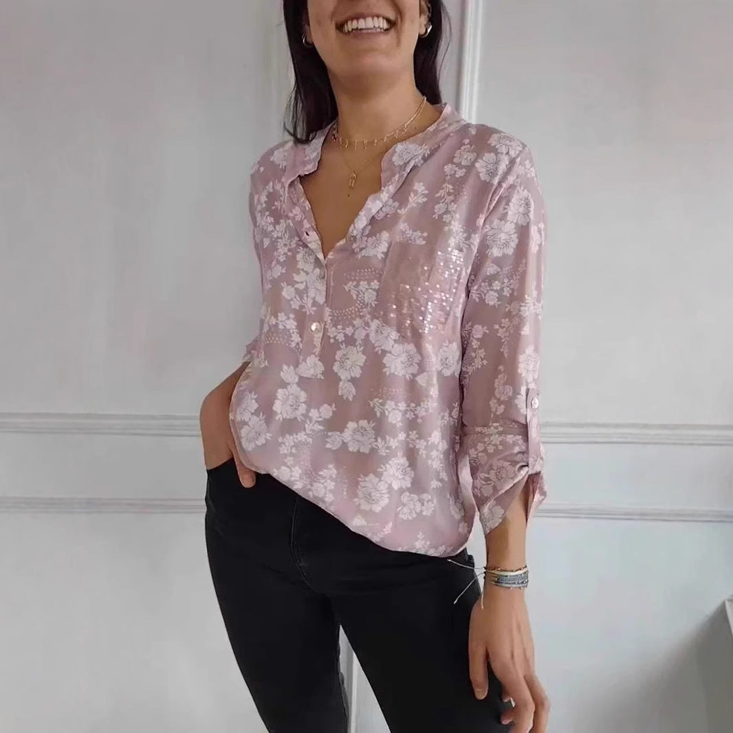 Spring Loose Casual Long Sleeves Printed Sequined Pocket Shirt