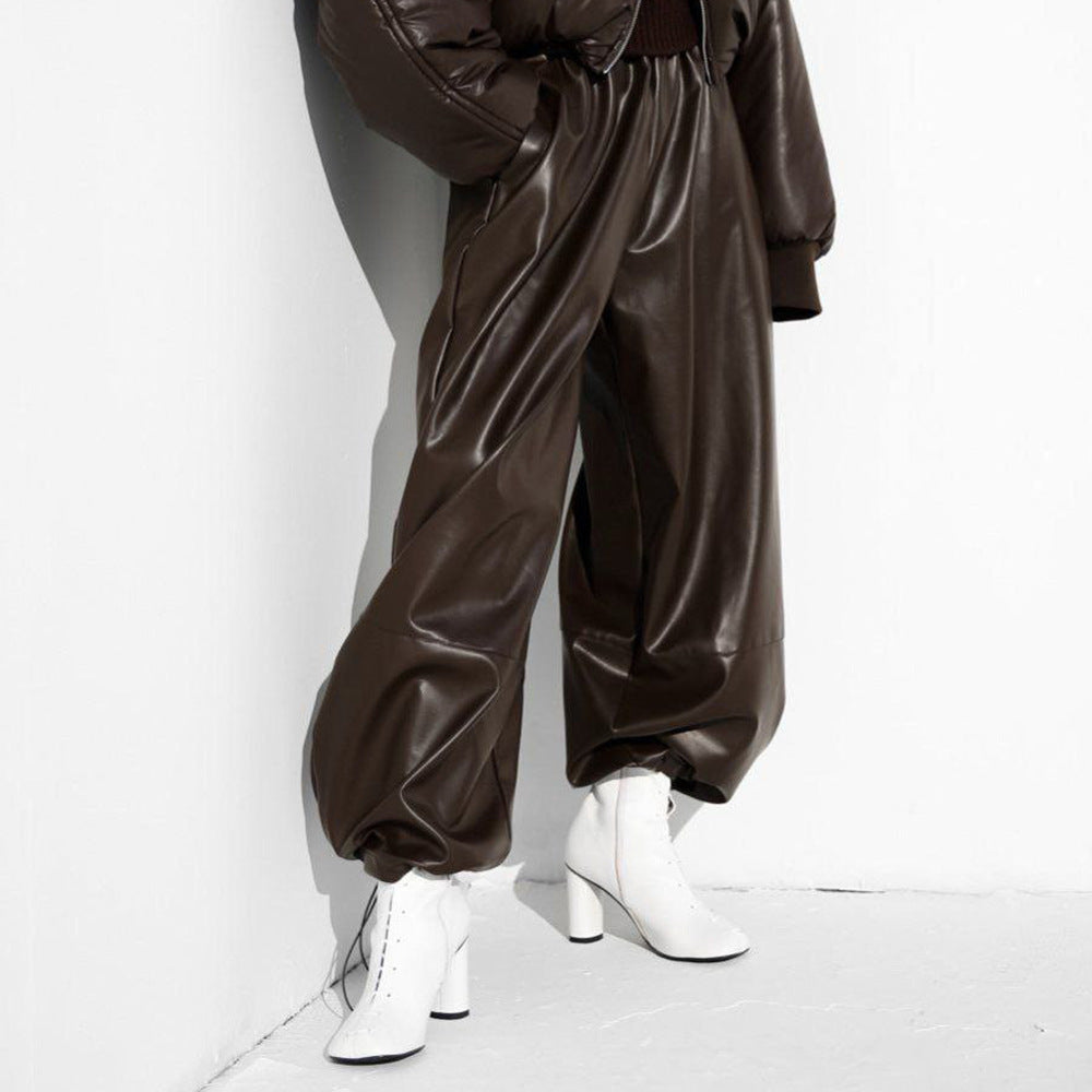 Leather Pants Women Autumn Winter Drawstring Ankle Tied Bloomers Loose Leather Pants Faux Leather Trousers for Women