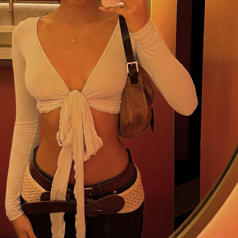 Spring Summer Women Shawl Cropped Lace up Sexy V neck Outerwear Long Sleeved Tops