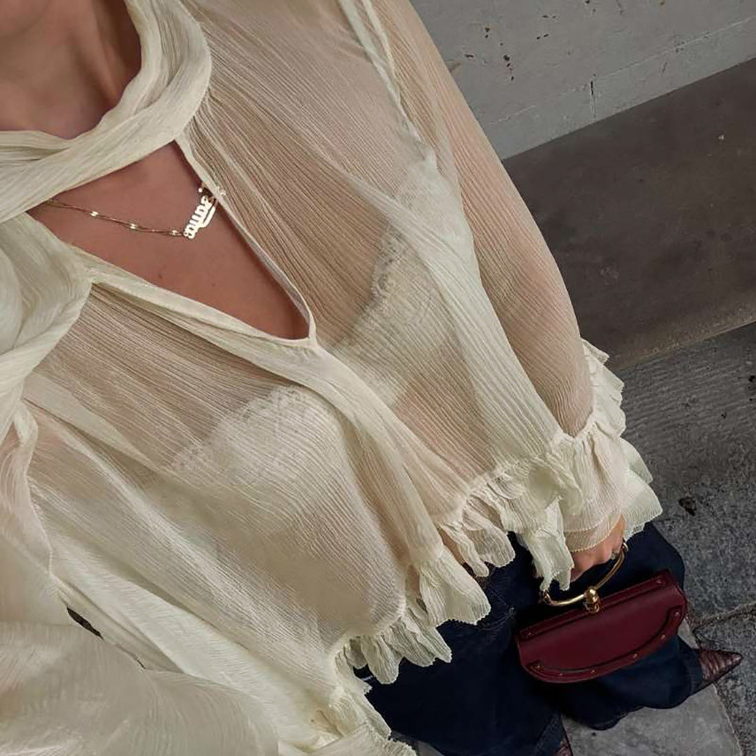 Fall Women Clothing Sexy Hanging Collar See through Ruffled Long Sleeve Smock Top Women