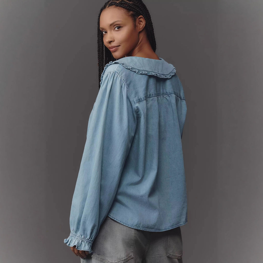 Women Spring Autumn Casual Retro Lightweight Denim Long Sleeved Shirt