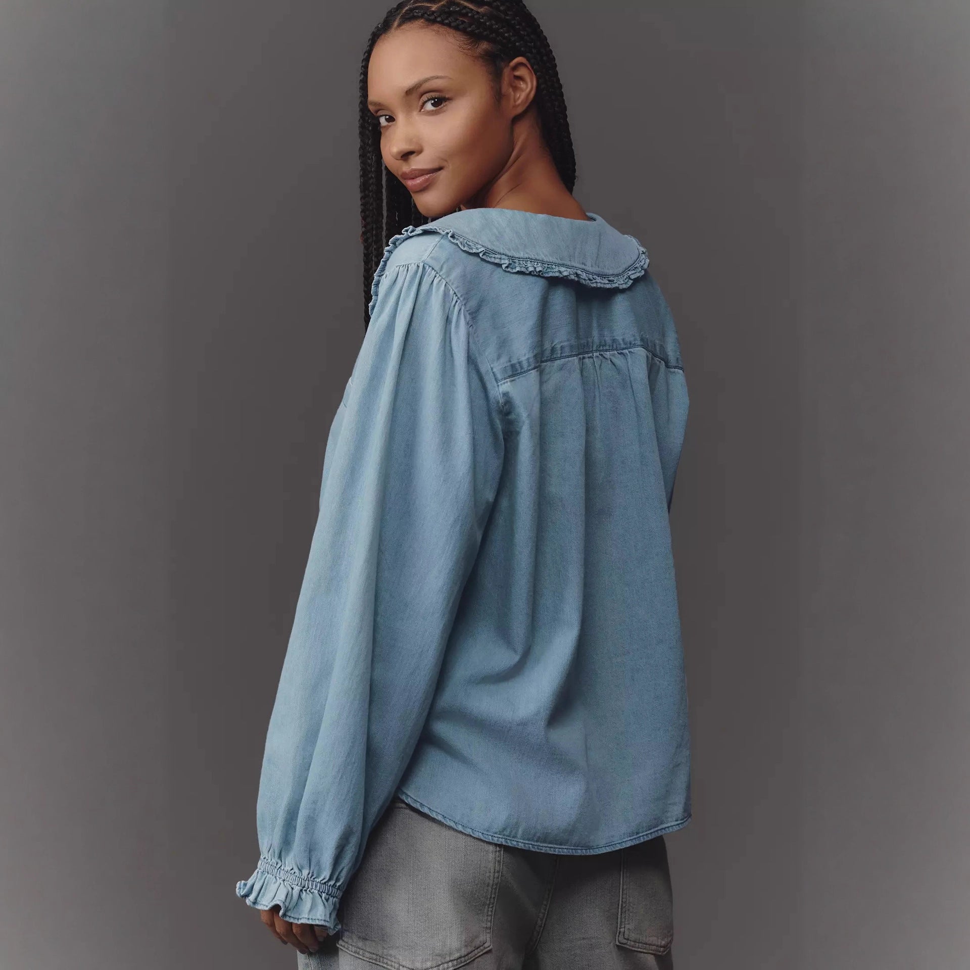 Women Spring Autumn Casual Retro Lightweight Denim Long Sleeved Shirt