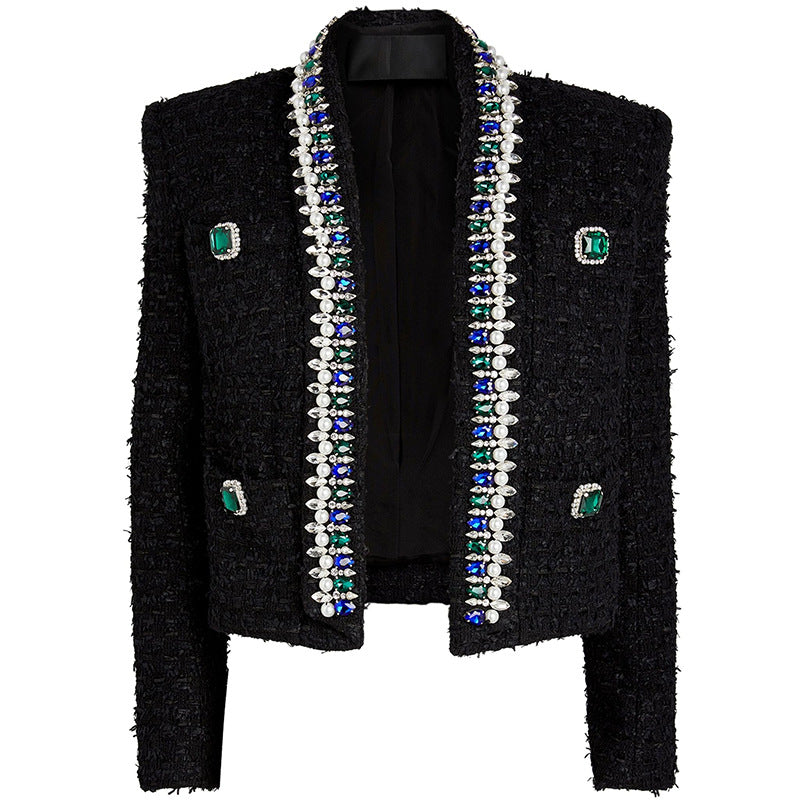 Goods Stars Exquisite Rhinestone Beaded Green Fruit Collar Short Woolen Jacket Coat