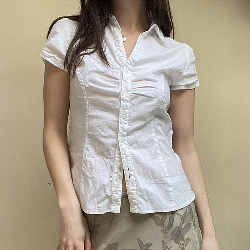 Spring Summer Pleated Stitching Collared Short Sleeve Shirt Easy Matching Waisted Slimming College Top