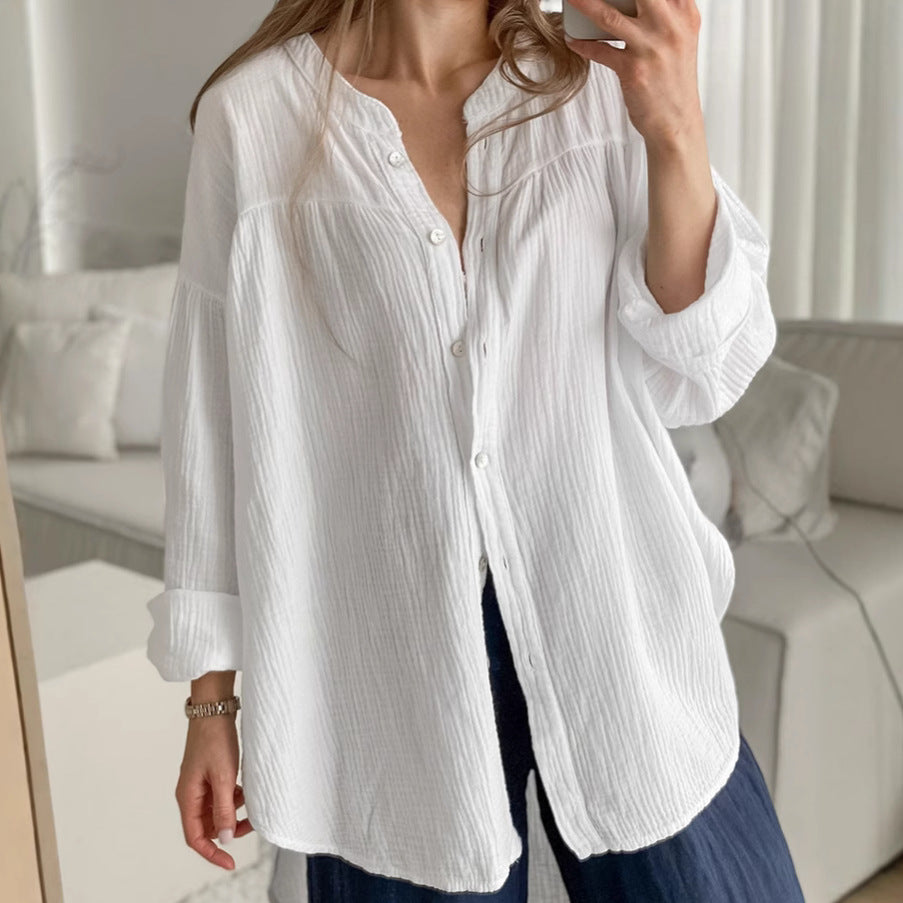 White Cotton Bubble Crepe Small Stand up Collar Tie Long Sleeved Shirt Women Top