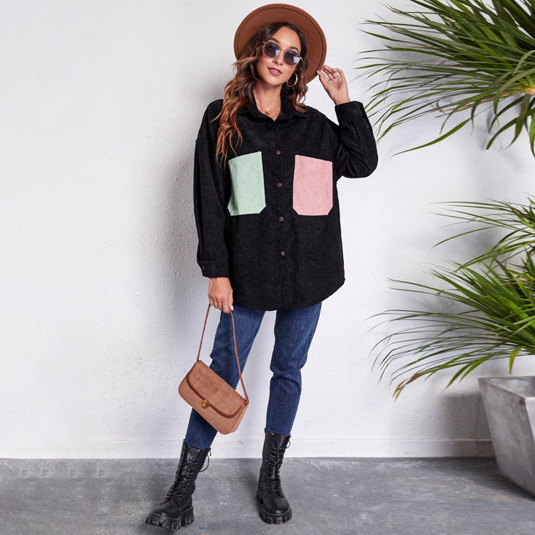 Loose Corduroy Shirt Mid-Length Patchwork Pocket Drop-Shoulder Long-Sleeve Thin New