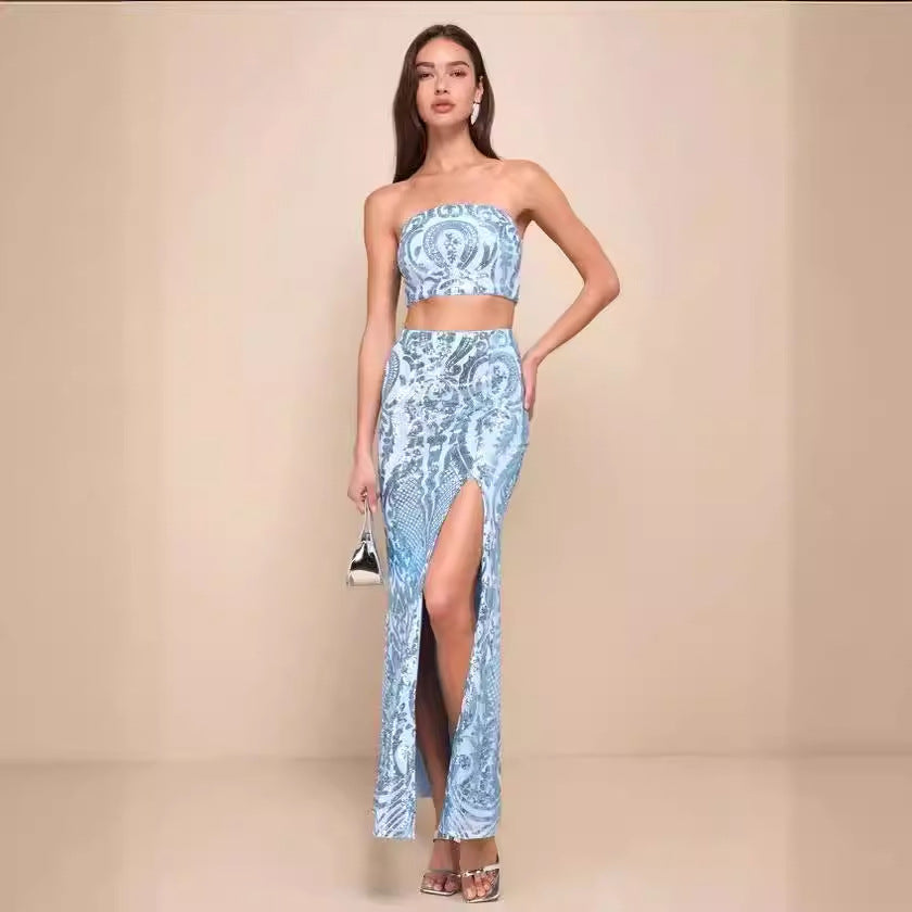 Shiny Charming Light Blue Sequined Party Skirt Suit