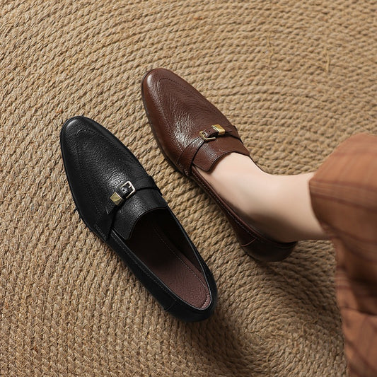 Women's Simple Retro Round Toe Sheepskin Chunky Heel Pumps