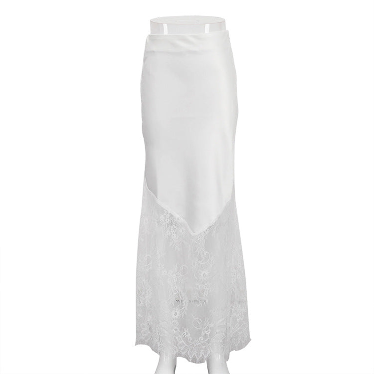 Design Lace Stitching See through Skirt Women Spring Autumn Office Hip Skirt