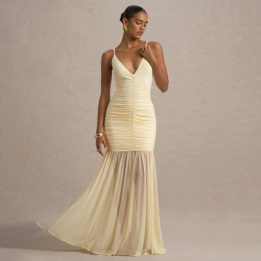 Elegant Straps Tulle Dress Sexy Deep V Plunge Pleated Stitched Backless Maxi Dress
